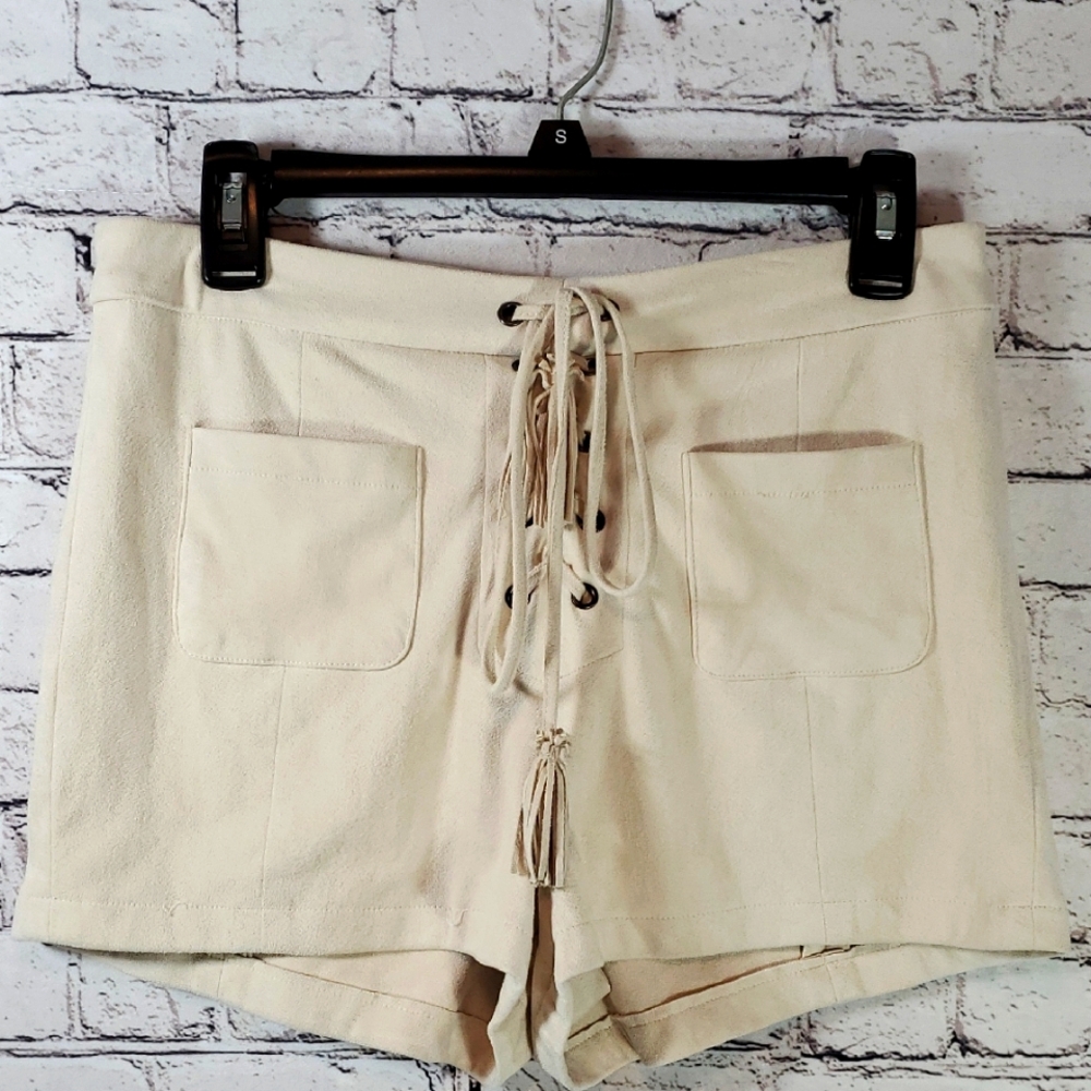 Cupcakes & Cashmere Cream High Waist Faux Suede Shorts with Lace-Up Detail SZ M